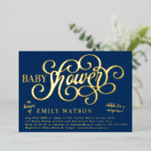 サプライズモダンブルー赤ちゃんシャワー金ゴールドプレス 箔招待状 (立ち正面)