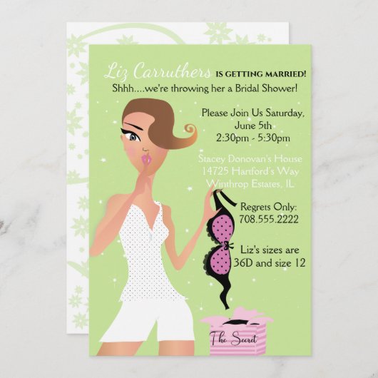 サプライズランジェリーブライダルシャワーグリーンスパークル 招待状 (正面/裏面)