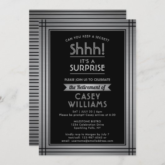 サプライズリタイアパーティーエレガントブラックシルバー 招待状 (正面/裏面)