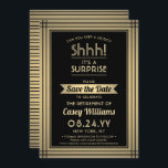 サプライズリタイアメントパーティーシーッ！黒エレガント金ゴールド セーブザデート<br><div class="desc">秘密保はある？招待状の同僚、同僚、家族や友人と黒と金ゴールドホイルエレガントで楽しめる驚きの退職お祝いにカスタムは、日付のパーティの招待状を保存すフェイクる。このテンプレート上のすべての文言シンプルは、メッセージを含むパーソナライズするメッセージである"し！驚いたよ」 このデザインはモダンクラシック縁どヴィンテージアストライプのートデコタイポグラフィと脚書スタイリッシュを備えている。金ゴールドは金属箔ではなくグラデーションカラーで印刷されることに注意すること。この男女兼用デザインは男性にも女性にも適している。おめでとうございます！</div>