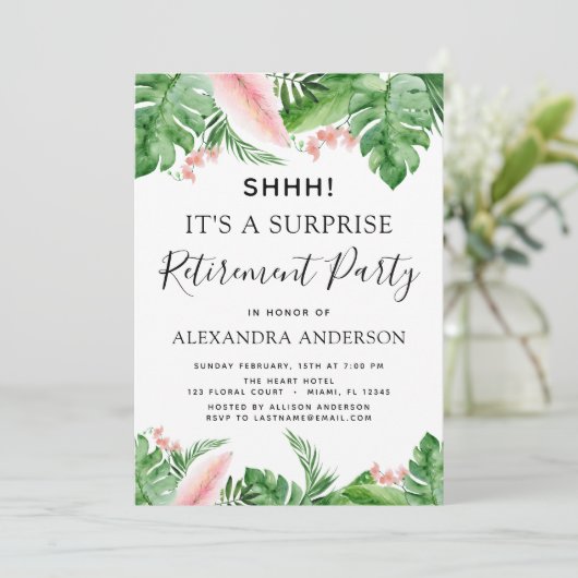 サプライズリタイアメントパーティートロピカルパームフローラ 招待状 (スタンド正面)