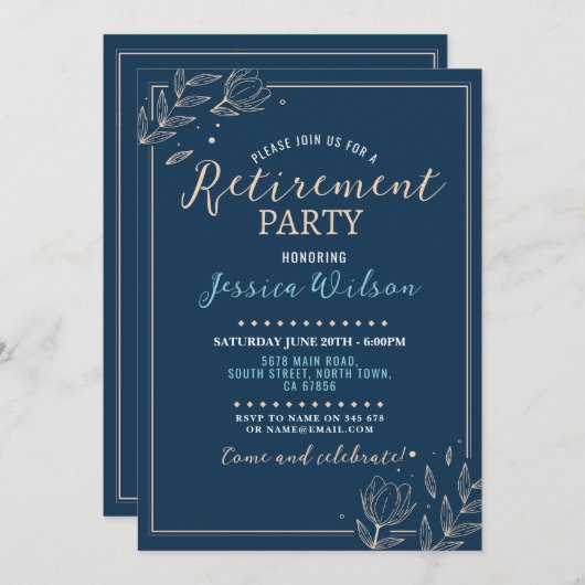 サプライズリタイアメントパーティーブルーメンズウィメンズフローラ 招待状 (正面/裏面)