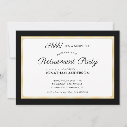 サプライズリタイアメントパーティー水平ブラック&金ゴールド 招待状 (正面)