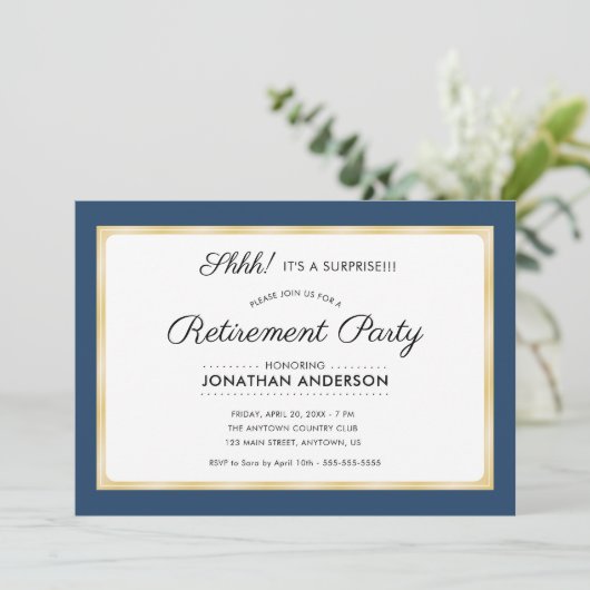 サプライズリタイアメントパーティー水平ブルー&金ゴールド 招待状 (スタンド正面)
