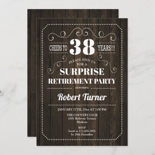 サプライズリタイアメントパーティー – 木目パターン 招待状 (正面/裏面)