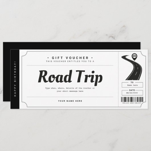 サプライズロードトリップチケットギフト券証明書 招待状 (正面/裏面)