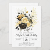 サプライズワイルドフラワーズ金ゴールドとブラック50誕生日 招待状 (正面/裏面)