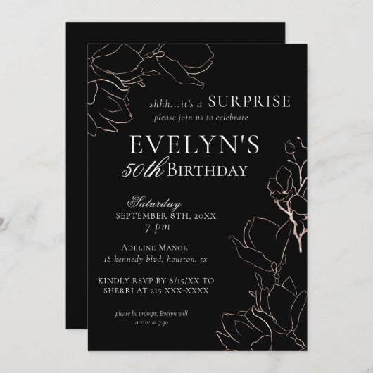 サプライズ任意の年の金ゴールドフローラ誕生日パーティー 招待状 (正面/裏面)