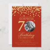 サプライズ写真70誕生日金ゴールド紙吹雪赤 招待状 (正面)