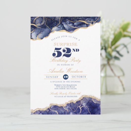 サプライズ大人エレガント誕生日ネイビー任意の年齢 招待状 (スタンド正面)