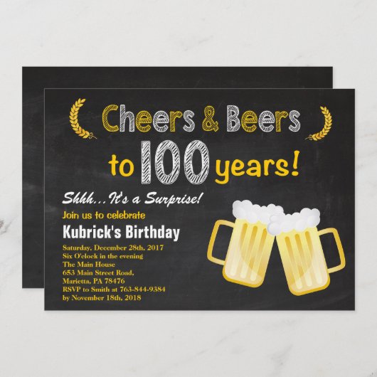 サプライズ応援とビアーズ100t誕生日招待状 招待状 (正面/裏面)