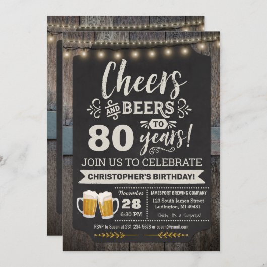 サプライズ応援とビアーズ80th誕生日招待状 招待状 (正面/裏面)