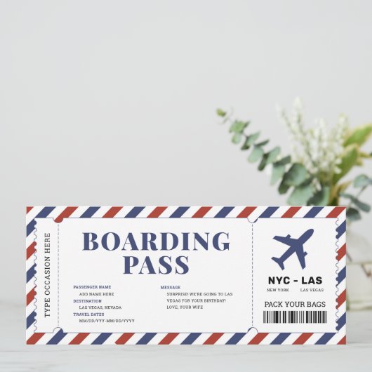 サプライズ搭乗パス飛行機ギフトチケットテンプレート 招待状 (スタンド正面)