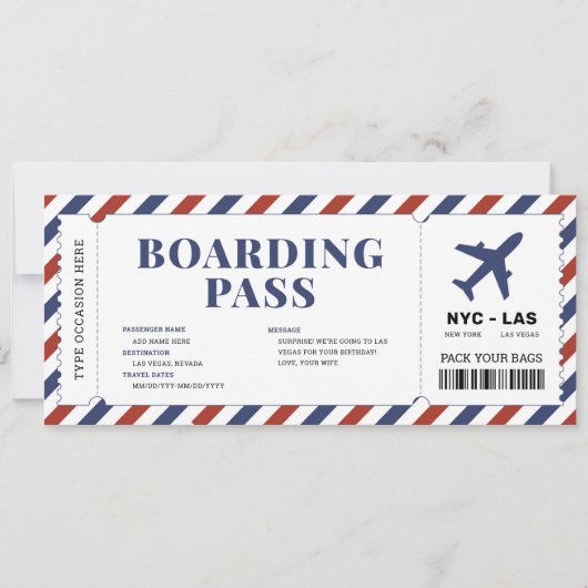 サプライズ搭乗パス飛行機ギフトチケットテンプレート 招待状 (正面)