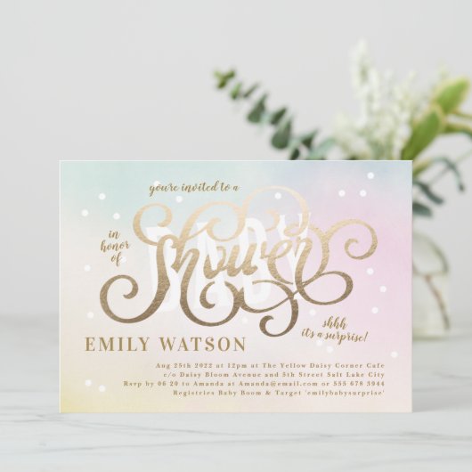 サプライズ男の子または女の子金ゴールドレタリングベビーシャワー 招待状 (スタンド正面)