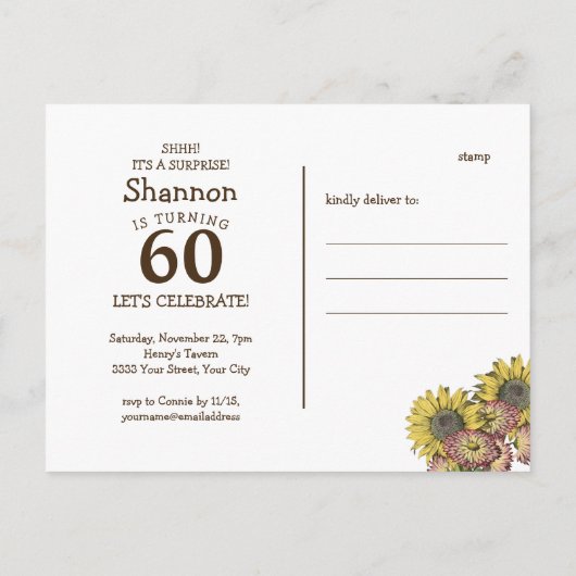 サプライズ素朴フローラ60番目の誕生日はがき インビテーションポストカード (裏面)
