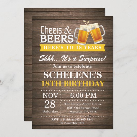 サプライズ素朴応援とビアーズ18誕生日 招待状 (正面/裏面)