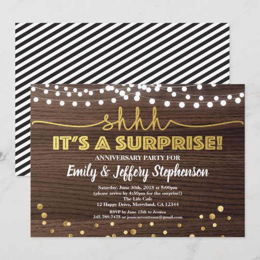 サプライズ記念日パーティー招待状 木 & ゴールド 招待状 (正面/裏面)