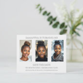 サプライズ誕生日どんな年齢3枚写真パーティーテンプレート ポストカード (スタンド正面)