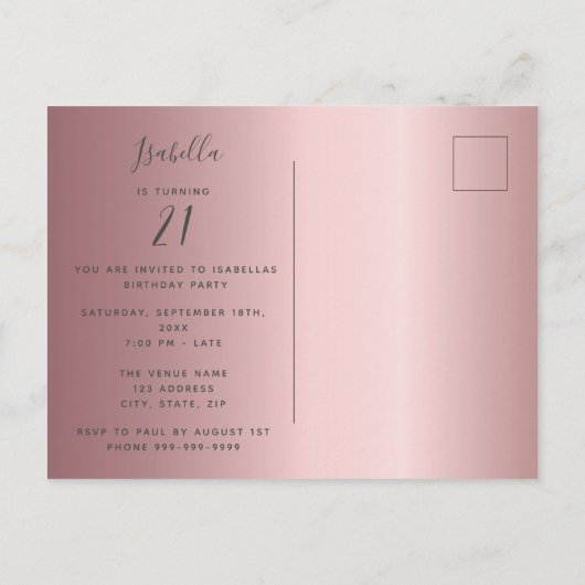 サプライズ誕生日ほこりっぽいバラピンクの写真の招待状 ポストカード (裏面)