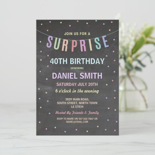 サプライズ誕生日チョーク水玉模様パーティの招待状 招待状 (スタンド正面)