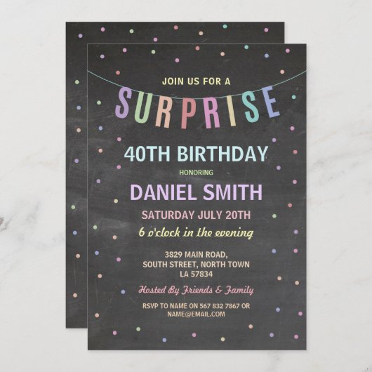 サプライズ誕生日チョーク水玉模様パーティの招待状 招待状 (正面/裏面)