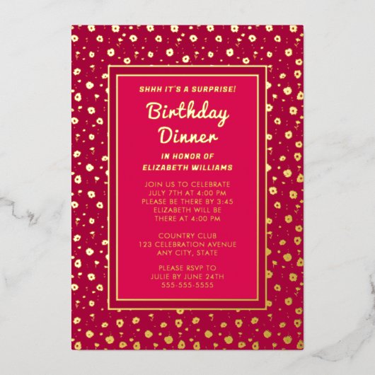 サプライズ誕生日ディナーパーティーエレガントフローラ 箔招待状 (正面)