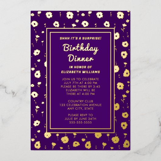 サプライズ誕生日ディナーパーティーエレガントフローラ 箔招待状 (正面)