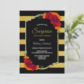 サプライズ誕生日ディナーブラック金ゴールドストライプのフローラ 招待状 (スタンド正面)