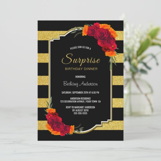 サプライズ誕生日ディナーブラック金ゴールドストライプのフローラ 招待状 (スタンド正面)