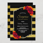 サプライズ誕生日ディナーブラック金ゴールドストライプのフローラ 招待状 (正面/裏面)
