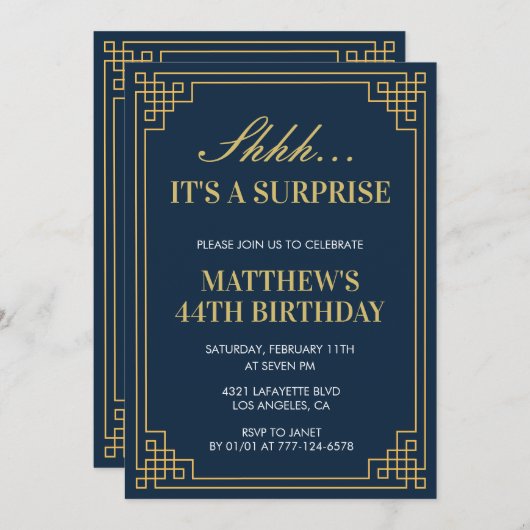 サプライズ誕生日ネイビーブルー金ゴールドメンズ44歳の誕生日 招待状 (正面/裏面)
