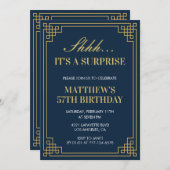 サプライズ誕生日ネイビーブルー金ゴールドメンズ57歳の誕生日 招待状 (正面/裏面)