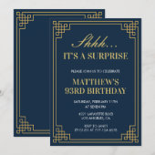 サプライズ誕生日ネイビーブルー金ゴールドメンズ93歳の誕生日 招待状 (正面/裏面)