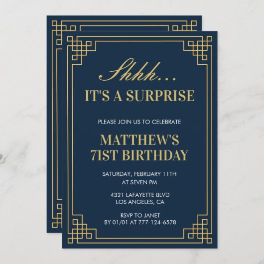 サプライズ誕生日ネイビー金ゴールドメンズ71歳の誕生日 招待状 (正面/裏面)
