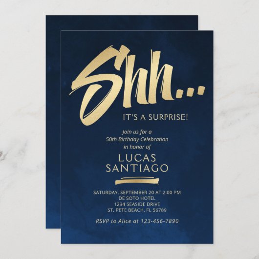 サプライズ誕生日ネイビー金ゴールド 招待状 (正面/裏面)