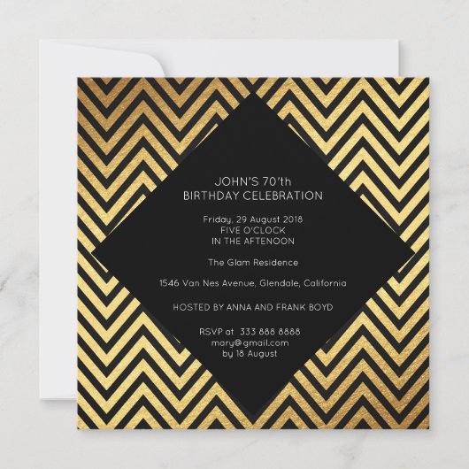 サプライズ誕生日パーティアールデコ幾何学的金ゴールド 招待状 (正面)