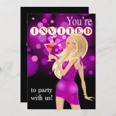 サプライズ誕生日パーティーの女の子 | 紫 招待状 (正面/裏面)