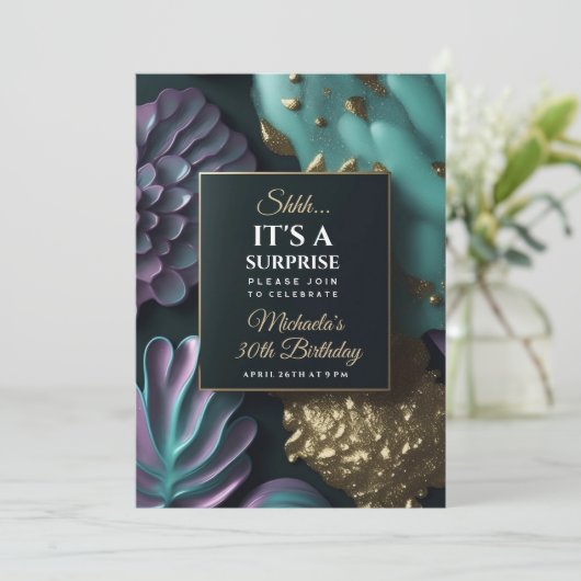 サプライズ誕生日パーティーの招待，抽象芸術,金ゴールド 招待状 (スタンド正面)