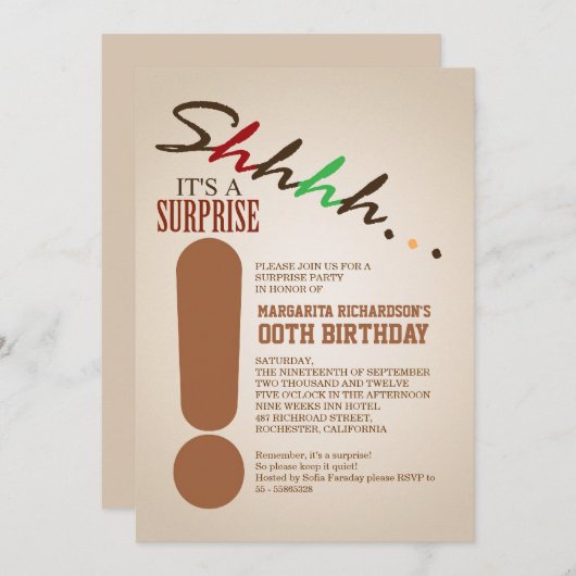 サプライズ誕生日パーティーの活字招待状 招待状 (正面/裏面)