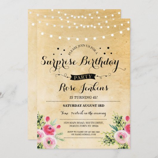 サプライズ誕生日パーティーアニーエイジフローラ招待状 招待状 (正面/裏面)