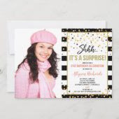 サプライズ誕生日パーティーバラ金ゴールド黒い写真 招待状 (正面)