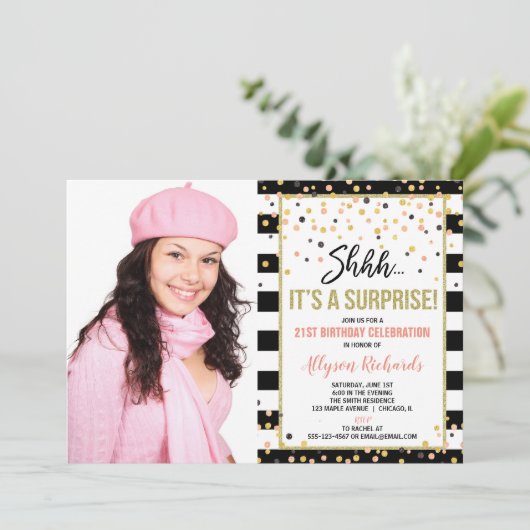 サプライズ誕生日パーティーバラ金ゴールド黒い写真 招待状 (スタンド正面)