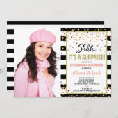 サプライズ誕生日パーティーバラ金ゴールド黒い写真 招待状 (正面/裏面)