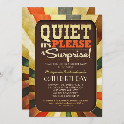 サプライズ誕生日パーティーヴィンテージタイポグラフィ招待状 招待状 (正面/裏面)