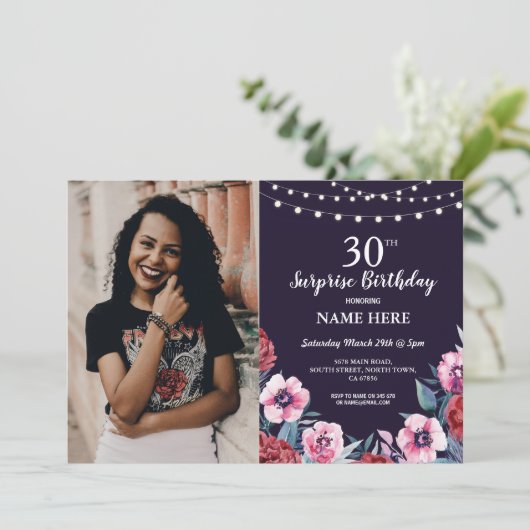 サプライズ誕生日パーティー海軍ピンクフローラ写真 招待状 (スタンド正面)