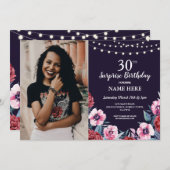 サプライズ誕生日パーティー海軍ピンクフローラ写真 招待状 (正面/裏面)