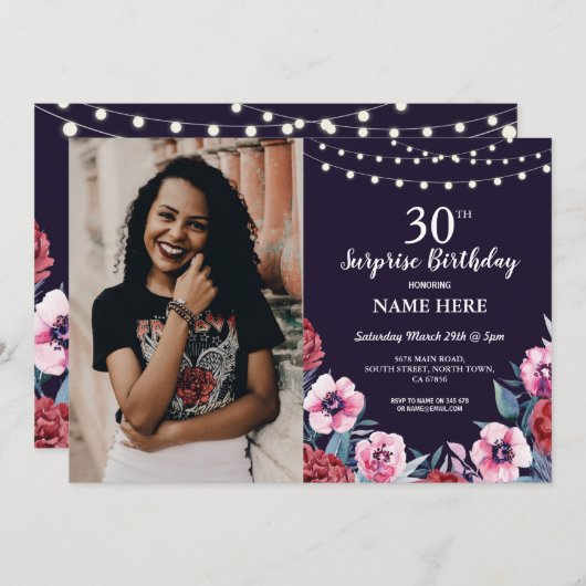 サプライズ誕生日パーティー海軍ピンクフローラ写真 招待状 (正面/裏面)