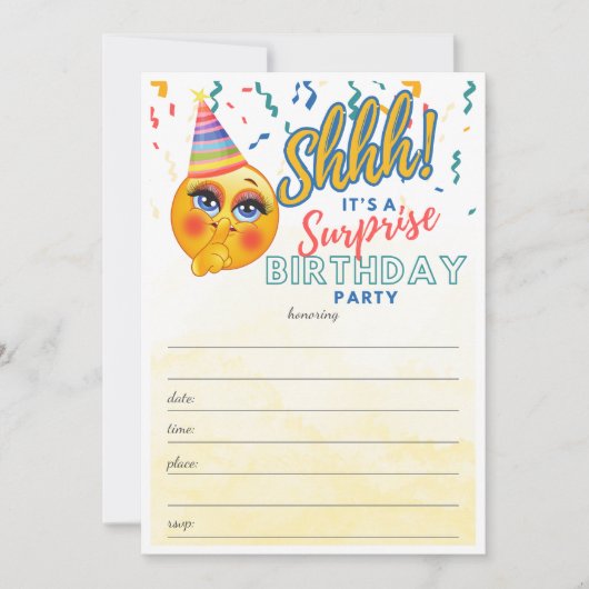 サプライズ誕生日パーティー絵文字が埋め空白のる 招待状 (正面)