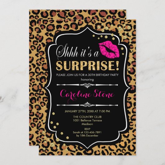 サプライズ誕生日パーティー – ヒョウ印刷ピンク 招待状 (正面/裏面)
